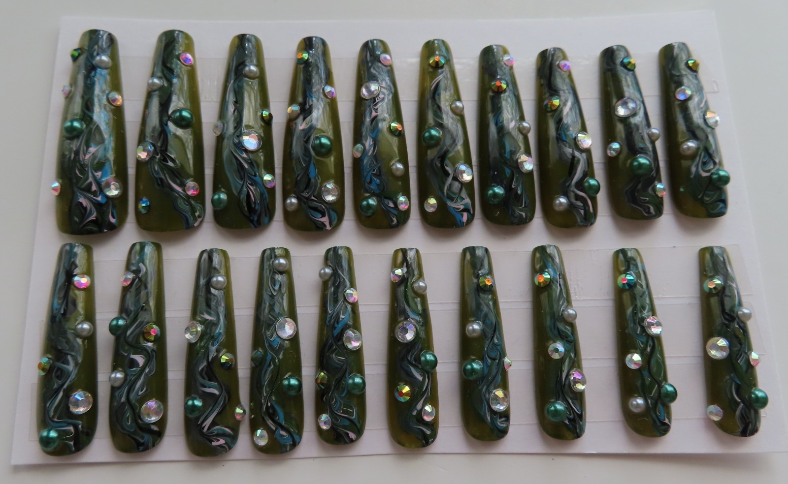 XL Dark Green Blue Marble Rhinestone Pearl Square Coffin Press On Nails (20)