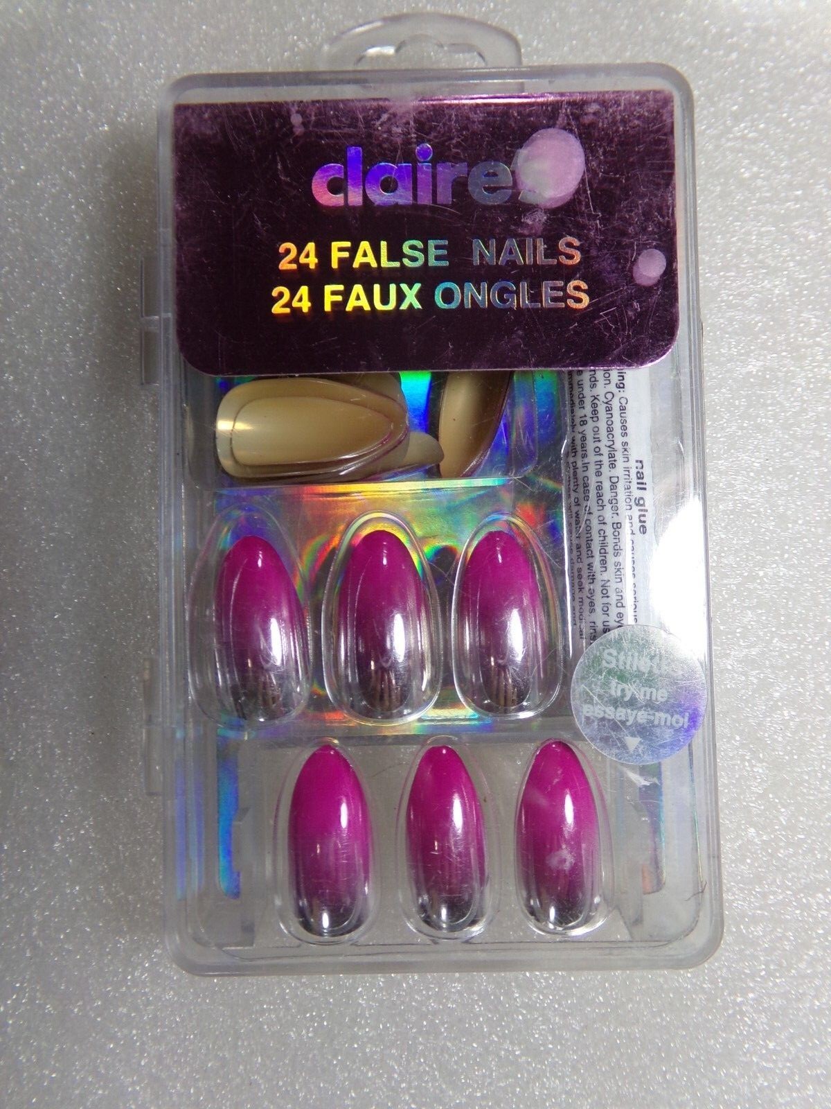 Claire’s Icing Nails Chrome Pink Silver Ombre GLUE ON Medium Stiletto