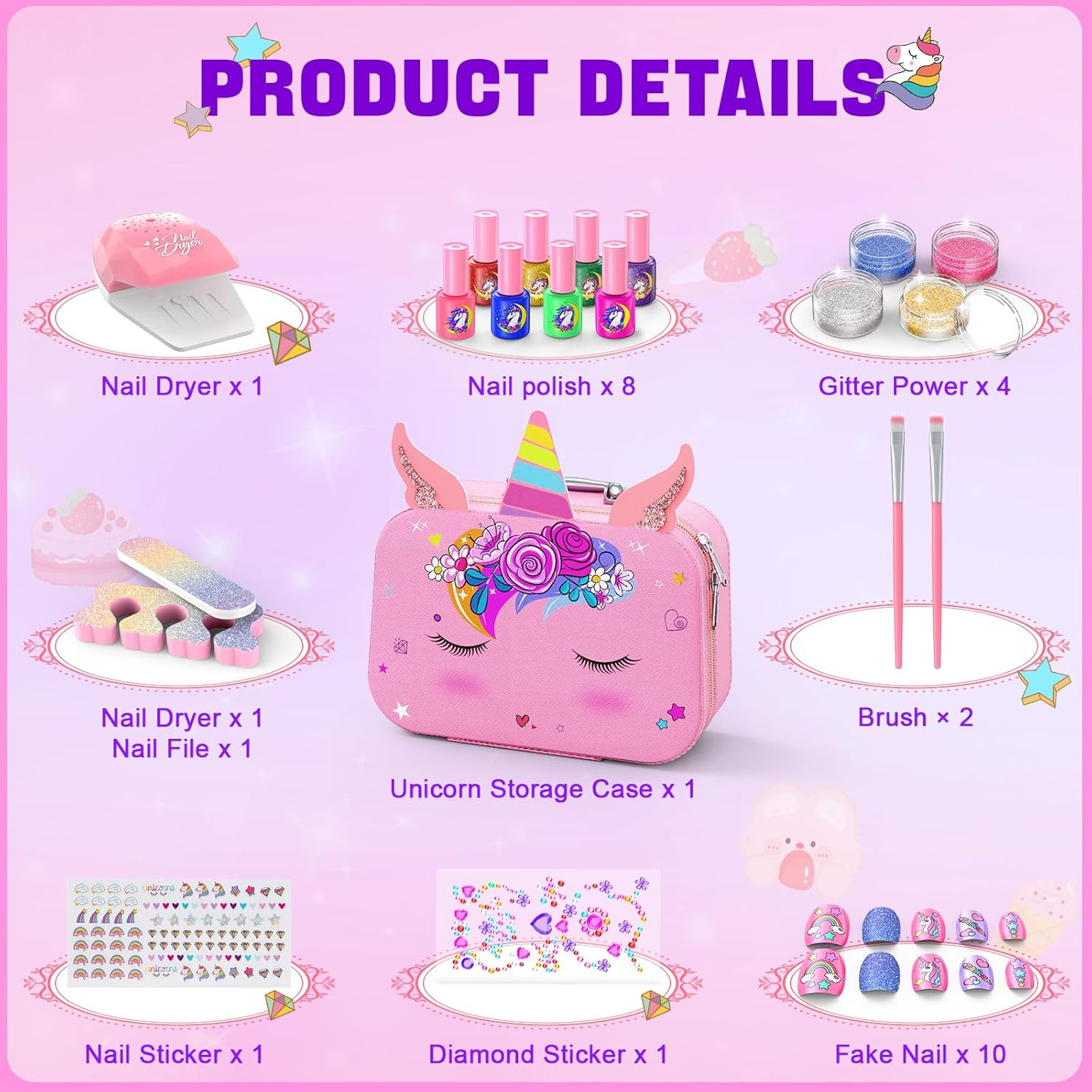 Kids Nail Polish Set for Girls, Non-Toxic Quick Dry Nail Art Salon Kit with Nail