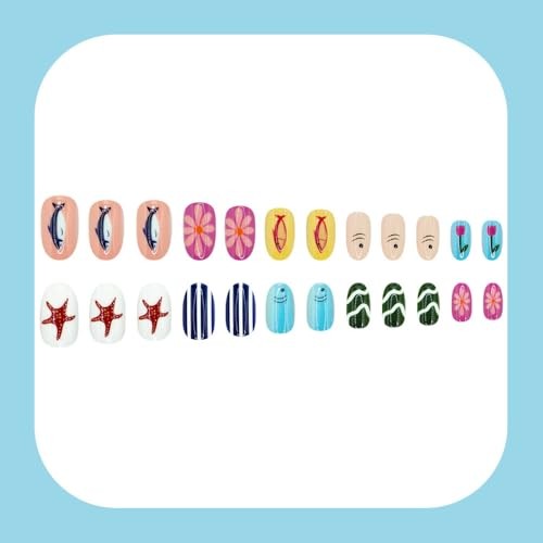 Summer Ocean Press on Nails – Short Oval Fake Nails – Summer Ocean Nails