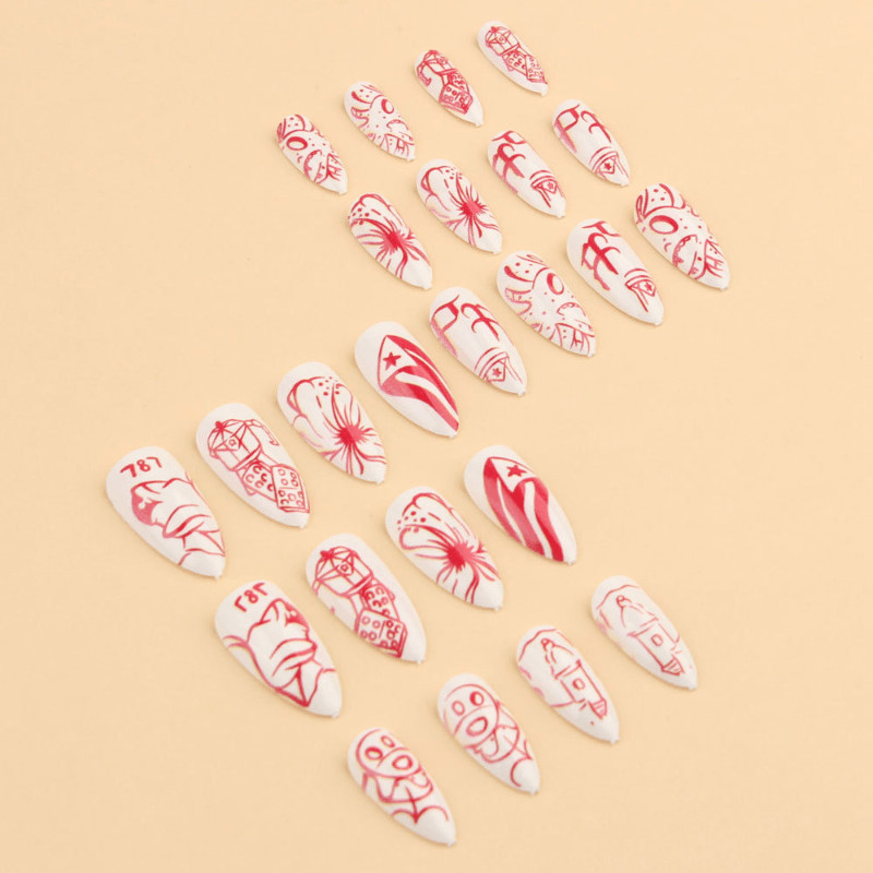 48P Long Almond Press on Nails, Puerto Rico Tribal Hand‑Painted Fake Nails