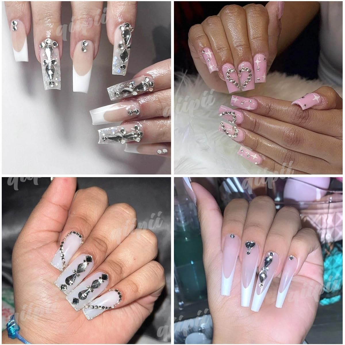 Qiipii 3 Boxes Silver Clear Nail Rhinestones 240 Multi-Shapes Crystal White Big