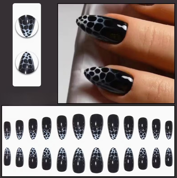 24 Pcs Press-On Nails Medium Almond Glossy – Black with Leopard Print