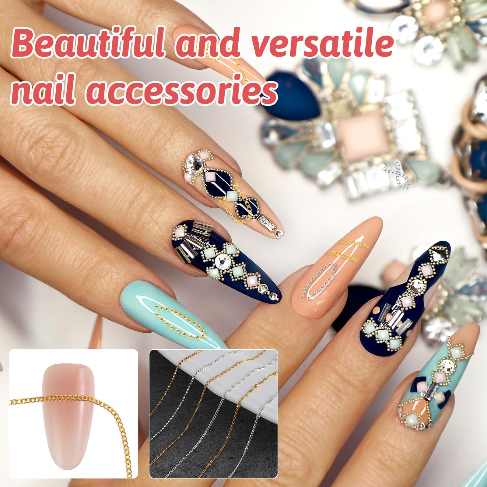 6 Strips 3D Nail Art Chains Nails Chain Charms Metallic Chain Nail Charm Gold…