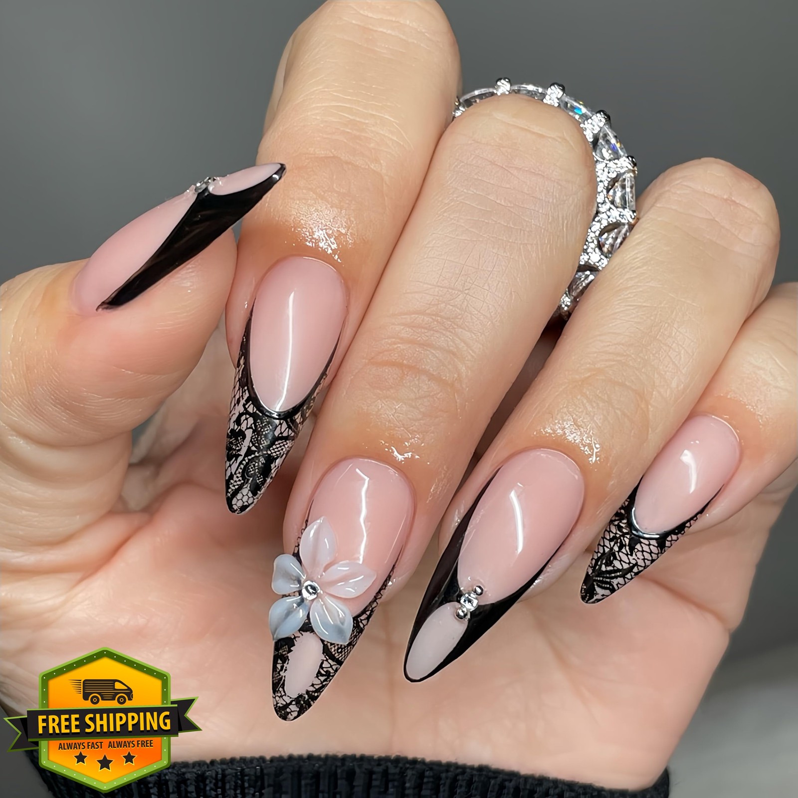Tephrent Black Lace Almond French Nails