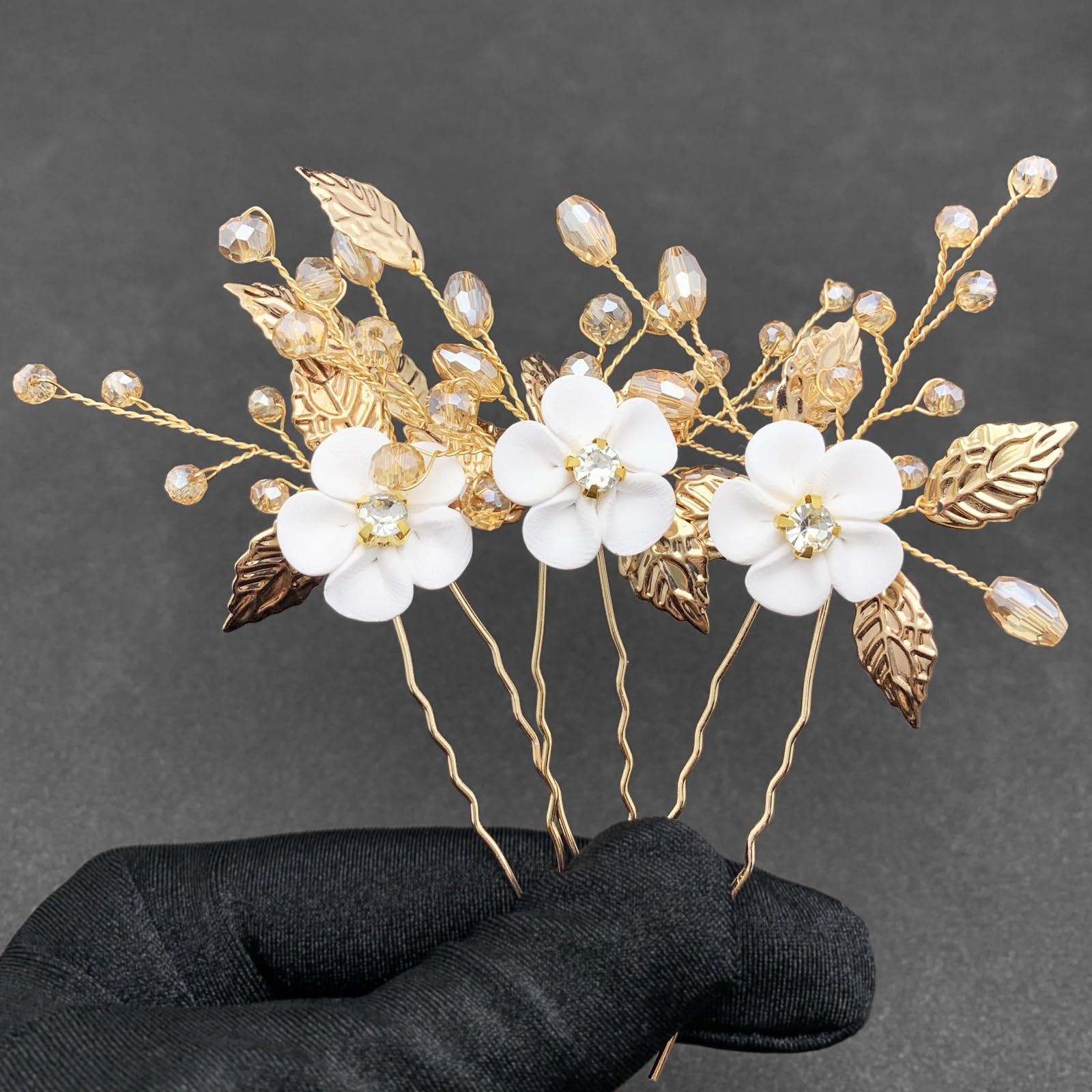 PRETTYLIFE White Flower Hair Pins Bridal Wedding 3 Count (Pack of 1), B Gold