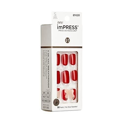 KISS imPRESS No Glue Mani Press On Nails, Design, ‘Adore You’, Red, Short…