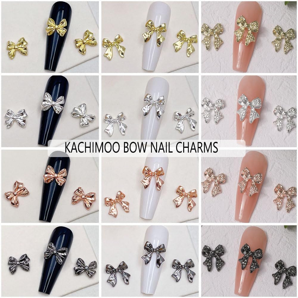 120 PCS Bow Nail Charms Silver Gold Black Rose Gold Bowknot Nail Art Charm 3D Al