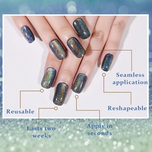 evpct Black Chrome Metallic Cat Eye Press On Nails, Reusable Stick On Nails for