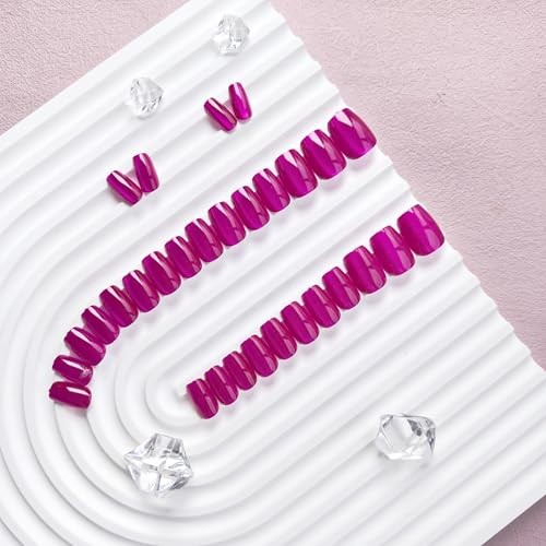 Cat Eye Press On Nails Short, 30 Pcs Glitter Bright Hot Pink glass hot pink