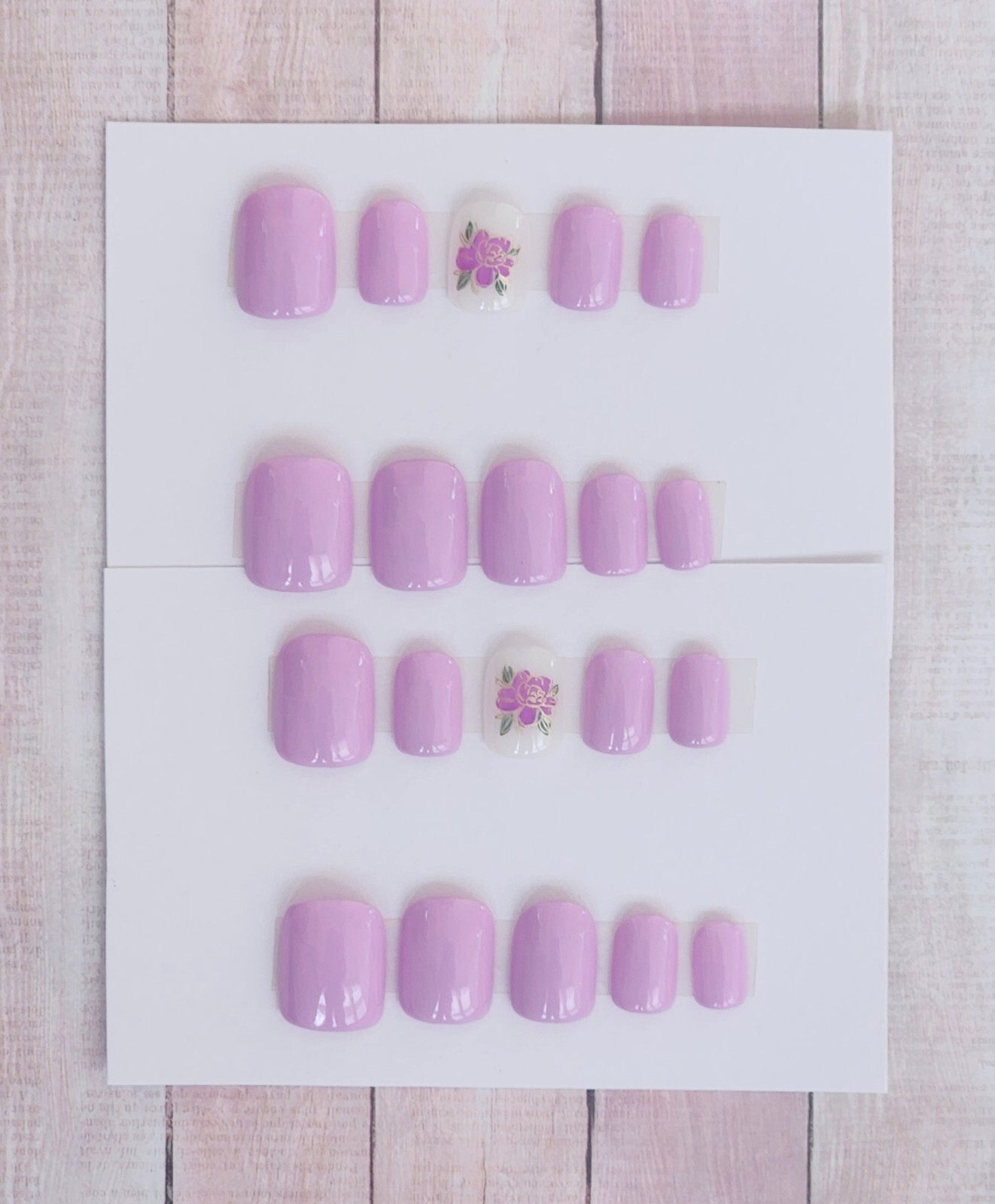 Custom Press On Handmade Gel Nails Lavender Rose Floral Square Short 20 Tips