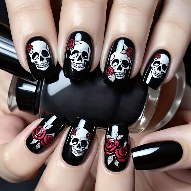 24pcs Halloween Medium Square Press-On Nails, Glossy Black & Skull & Red Rose