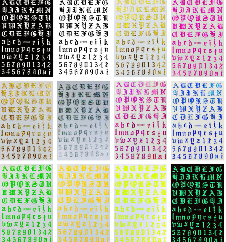 12Pcs English Letter Number Nail Art Sticker Laser Gold Latin Roman Decal NH15