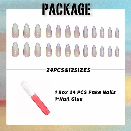 Almond Press on Nails Medium Aurora Fake Nails Glossy 67-A03Colorful Aurora