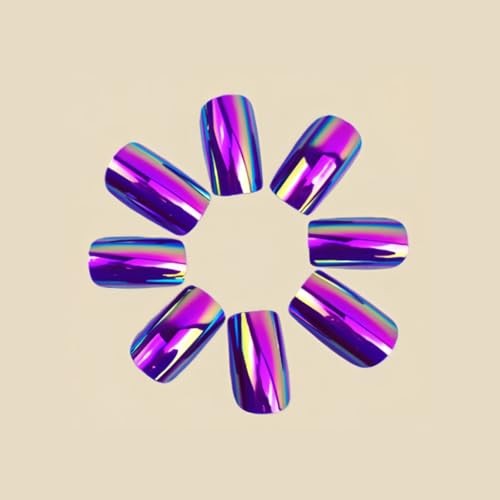 Press on Nails Medium Square Fake Nails Metallic Mirror Rose Purple Chrome