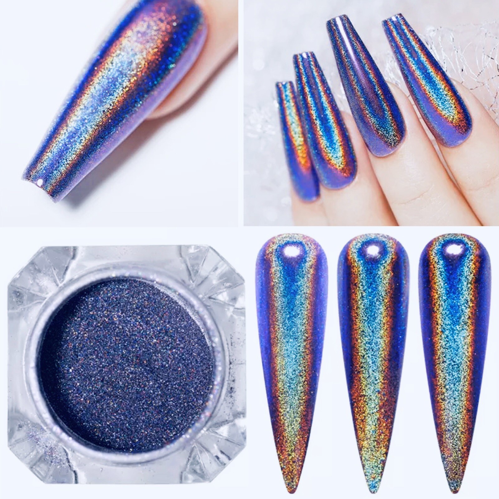 Holographic Blue Nail Chrome Powder Rainbow Glitter Navy Unicorn Pigment 1g/pot