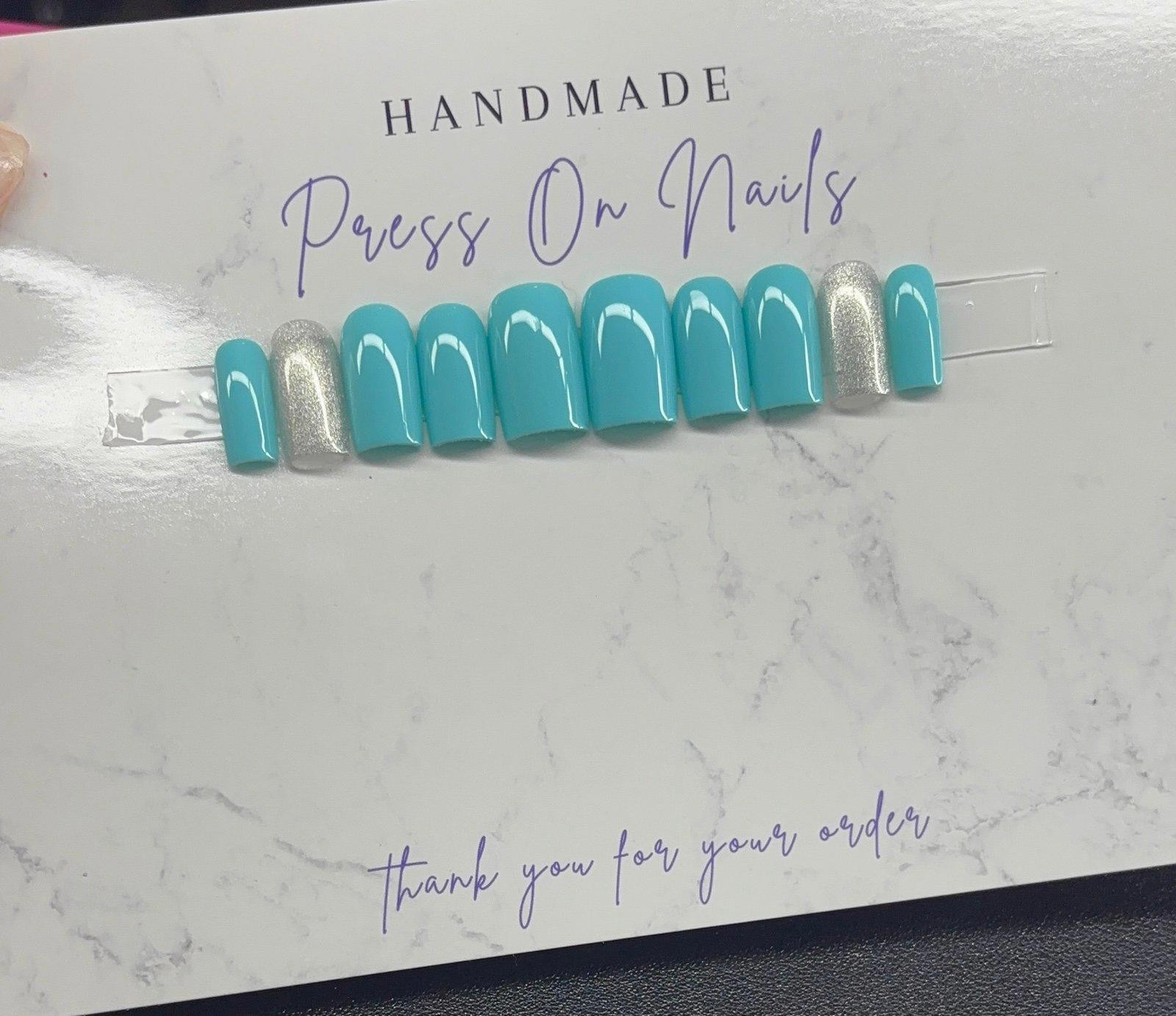 Short square Press on nails silver glitter teal light blue handmade custom gel