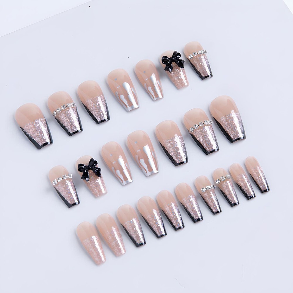 Long Ballet French Glitter Bow Chain 3D Design UV Gel Nail Patch Set