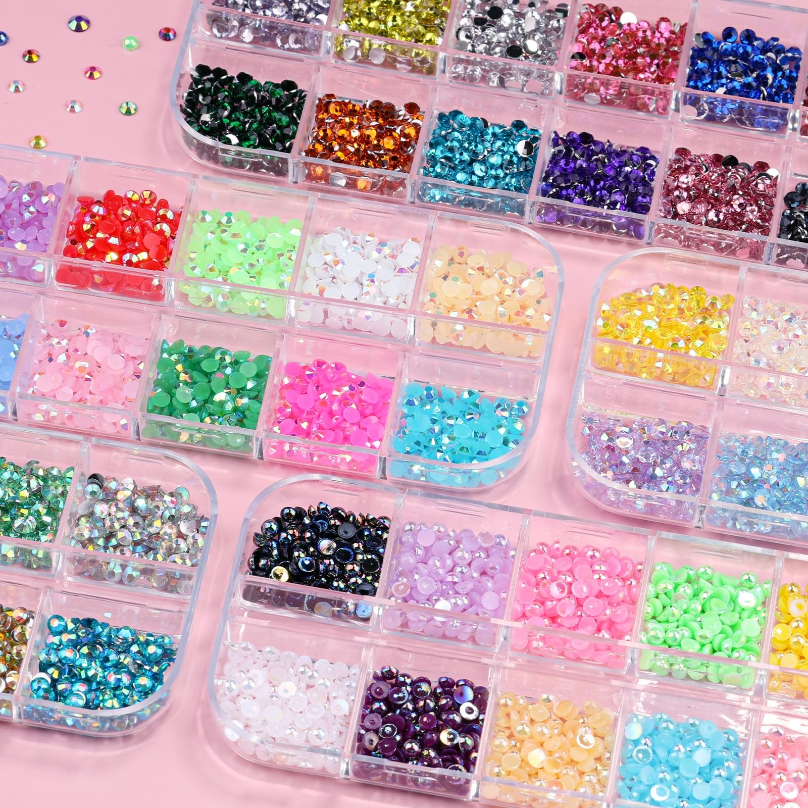 5 Boxes 9000pcs Sparkling Crystal Nail Rhinestones Pearls Kit, Flatback Multi…