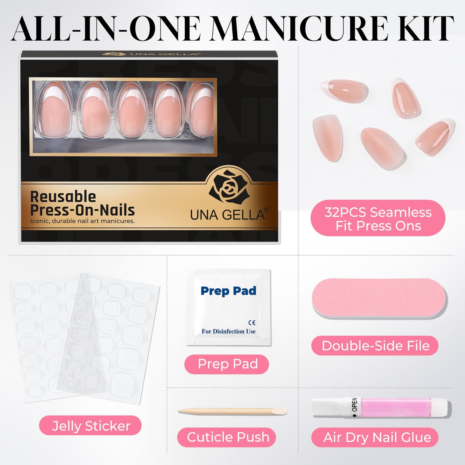 UNA GELLA Press on Nails French Tips, 32Pcs 16 Sizes 3D Nude Pink Almond Soft…