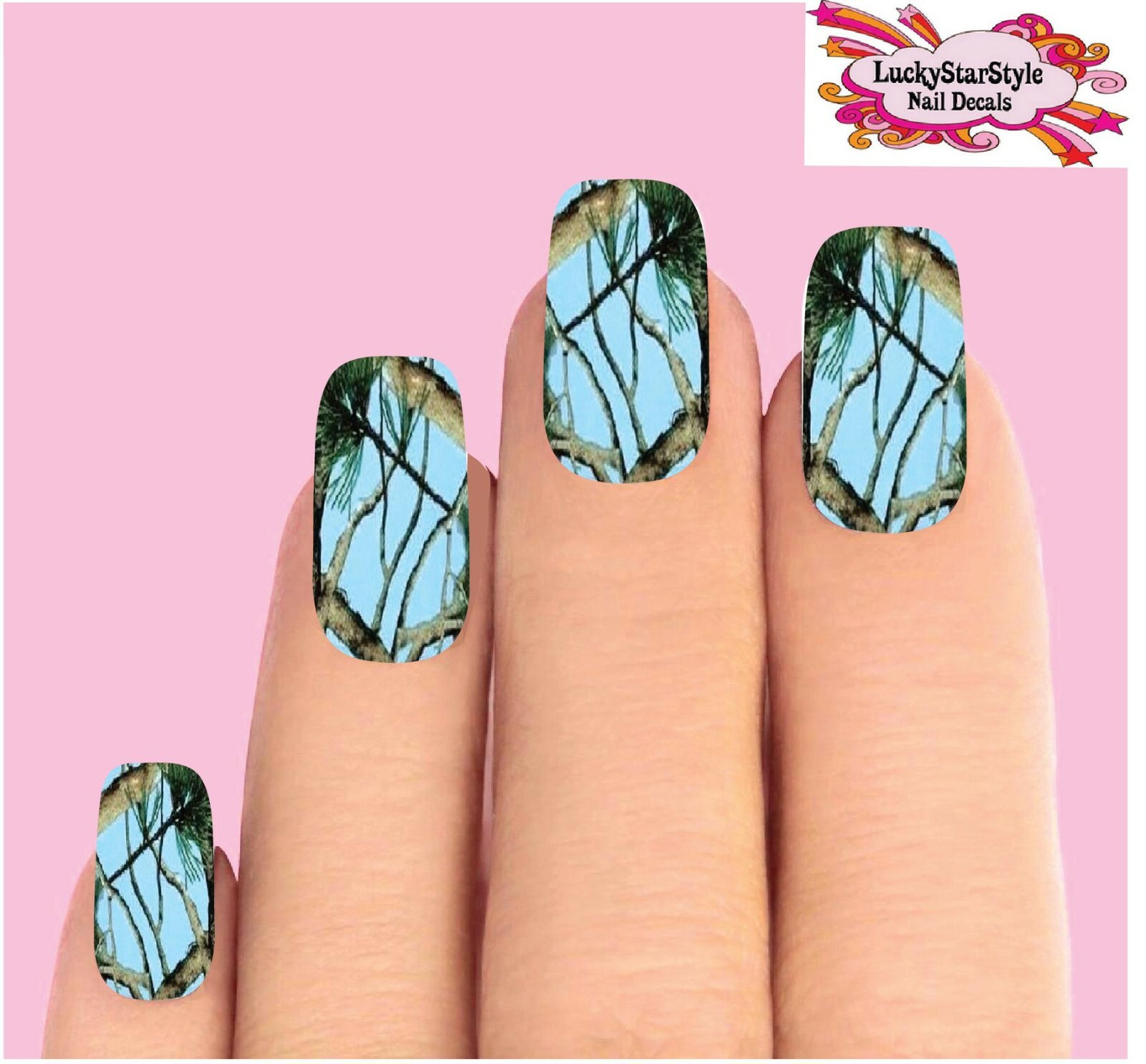 Waterslide Full Nail Decals Set of 10 – Blue Mossy Oak Camo Camouflage Realtree