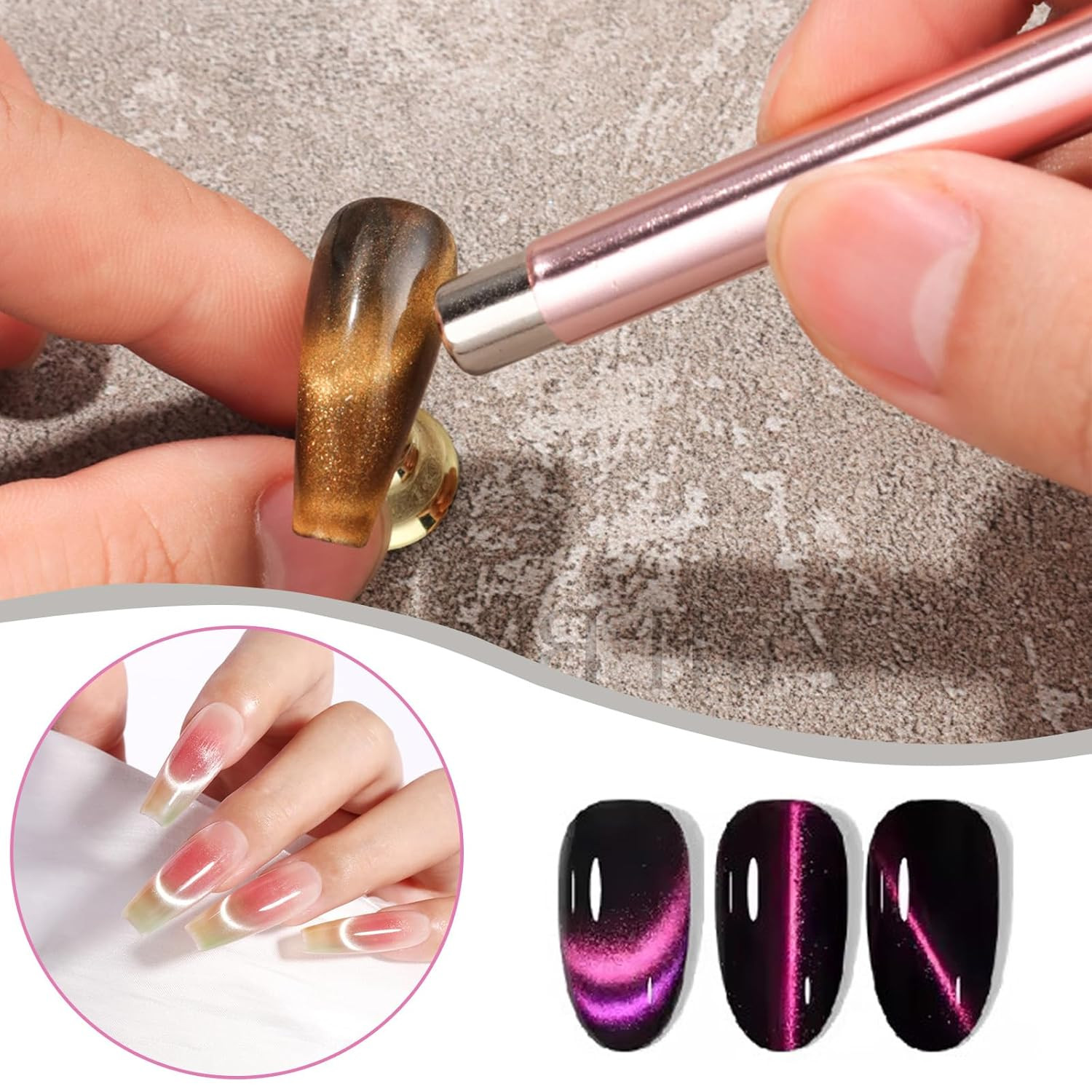 Cat Eye Magnet for Nails, 3 in 1 Cat Eye Nail Magnet Stick Gel Nail Polish Magne