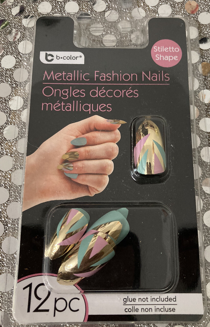 B.Color Metallic Fashion Nails 12 PC Stiletto Shape blue pink gold