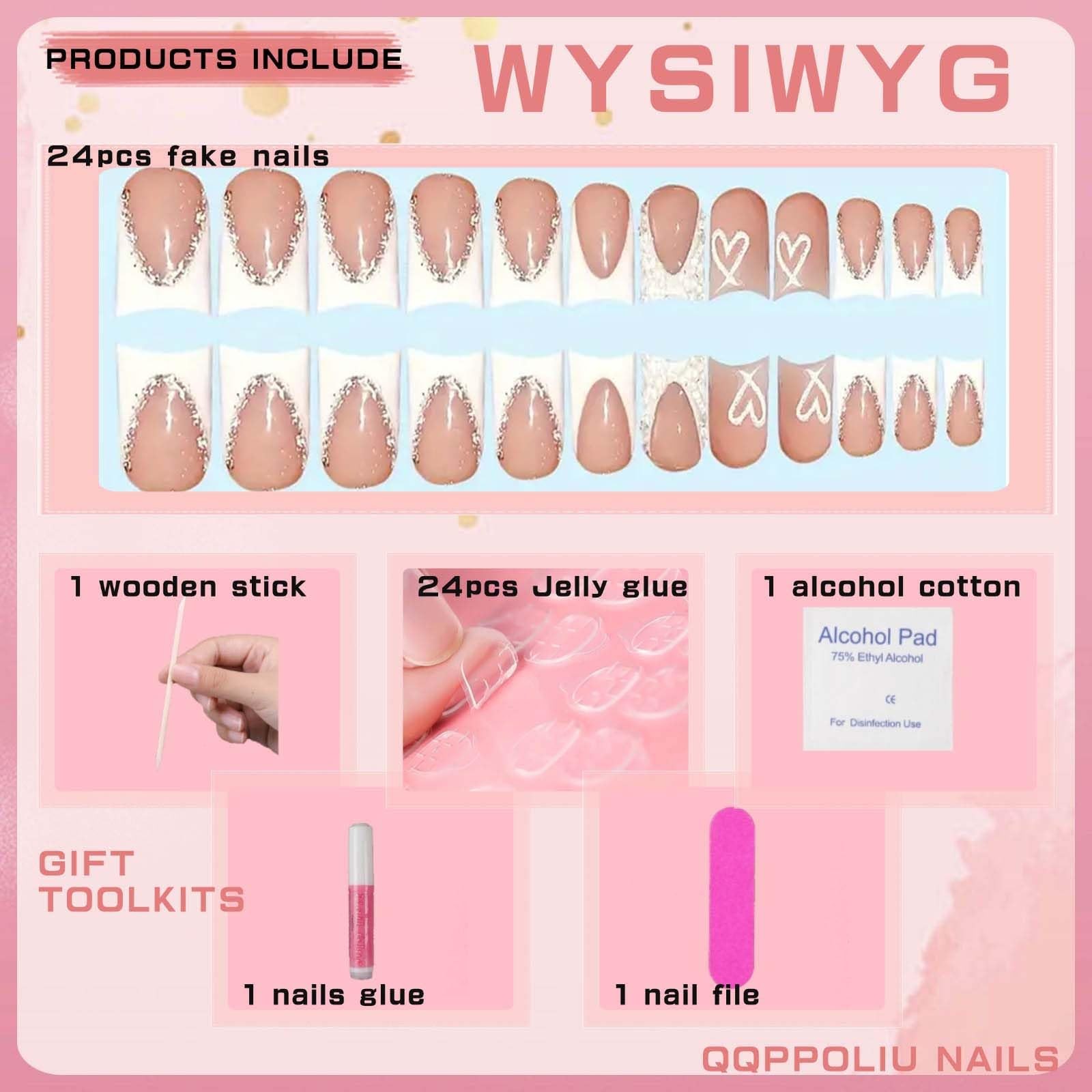 Nude Square Press on Nails Short Length,White French Tips Fake Nails with Rhi…