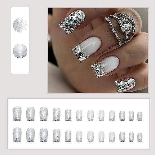 24 Pcs French Tip Press on Nails Medium Square False Nails Silver Glitter2