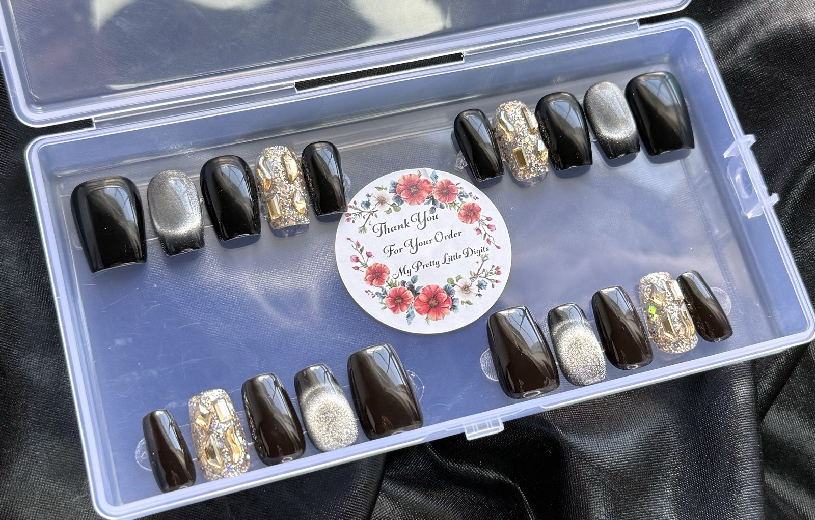 Handmade Press On Nails, Champagne Diamond, Black French~Includes Free Gifts💝
