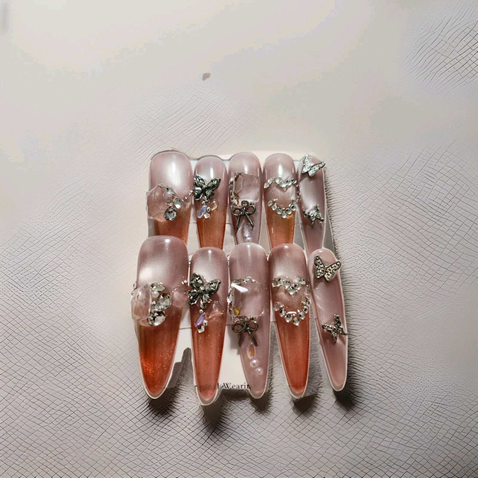 Pink Rose Gold Cat Eye 3D Butterfly Bow Long Almond Press-On Nails Full Cover