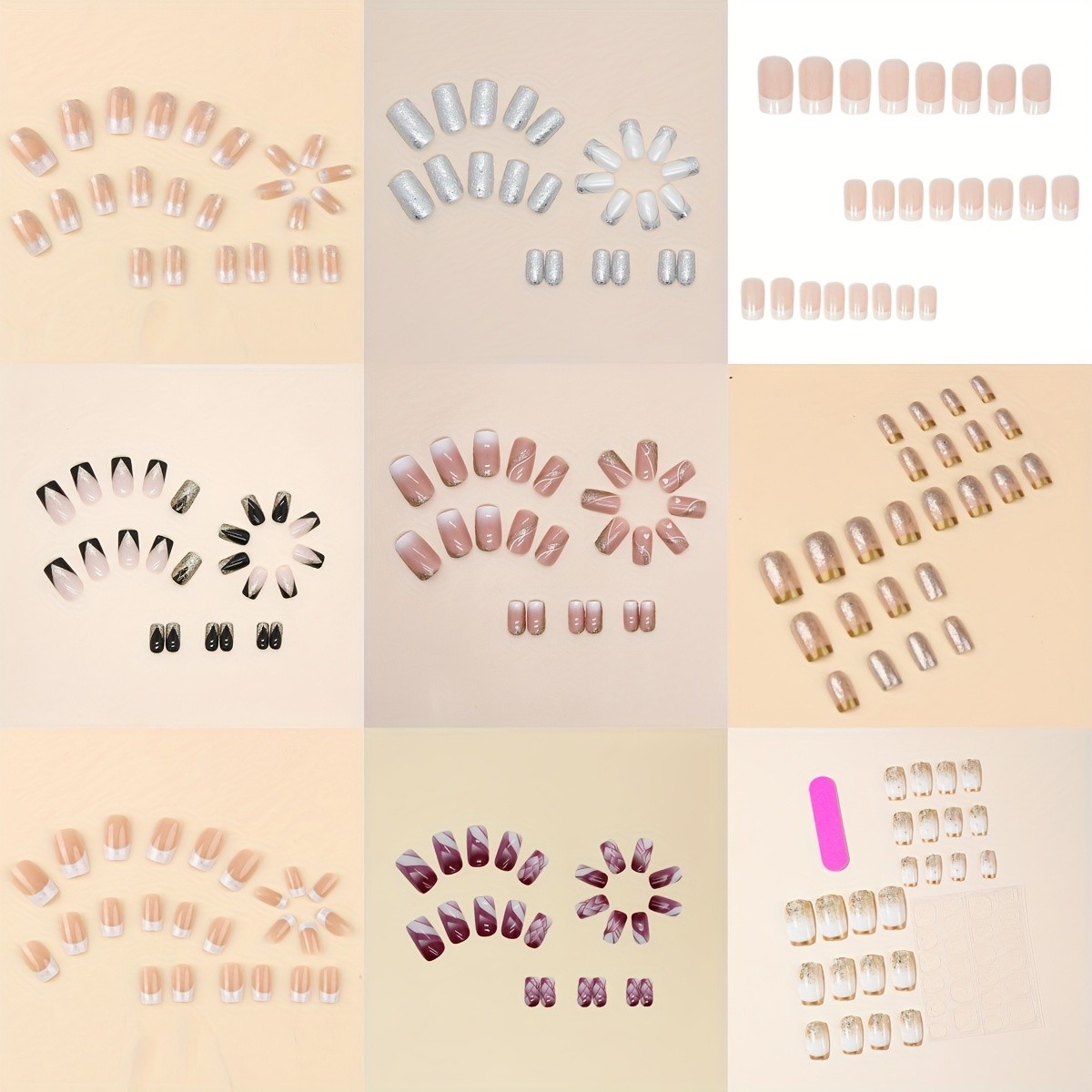 216p(9Pack) Assorted Press On Nails Glitter Gradient Geometric Wearable Nail Art