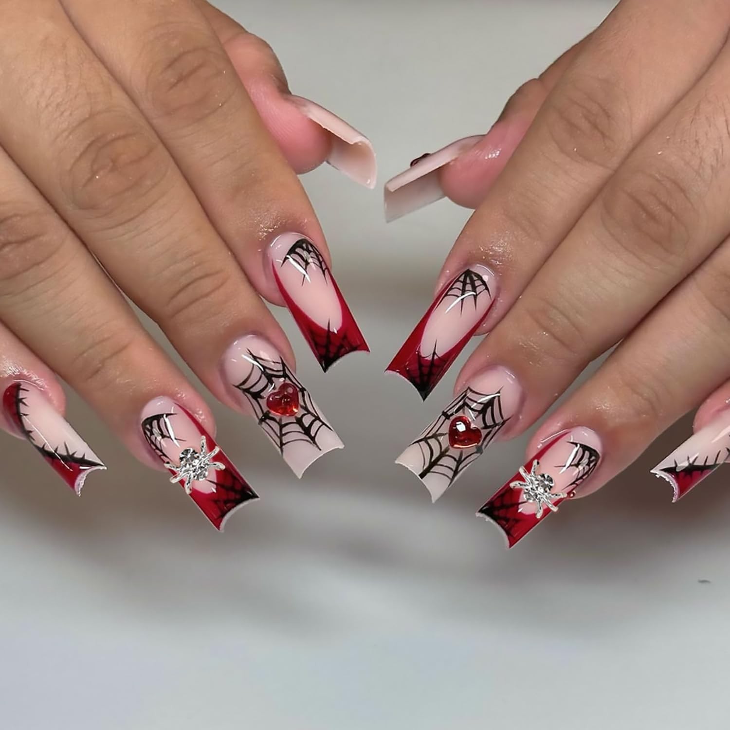 Halloween Press on Nails Square Medium Fake Nails With 3D Spider Heart Charms…