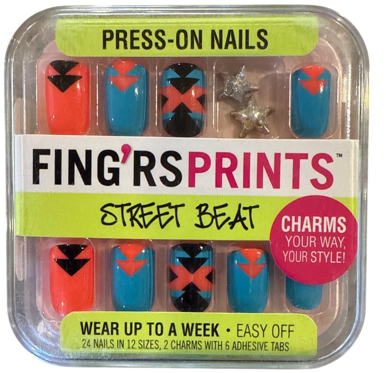 FING’RS PRINTS 24 Press-On Nails STREET BEAT Blue+Orange+ GEOMETRIC+STAR CHARMS