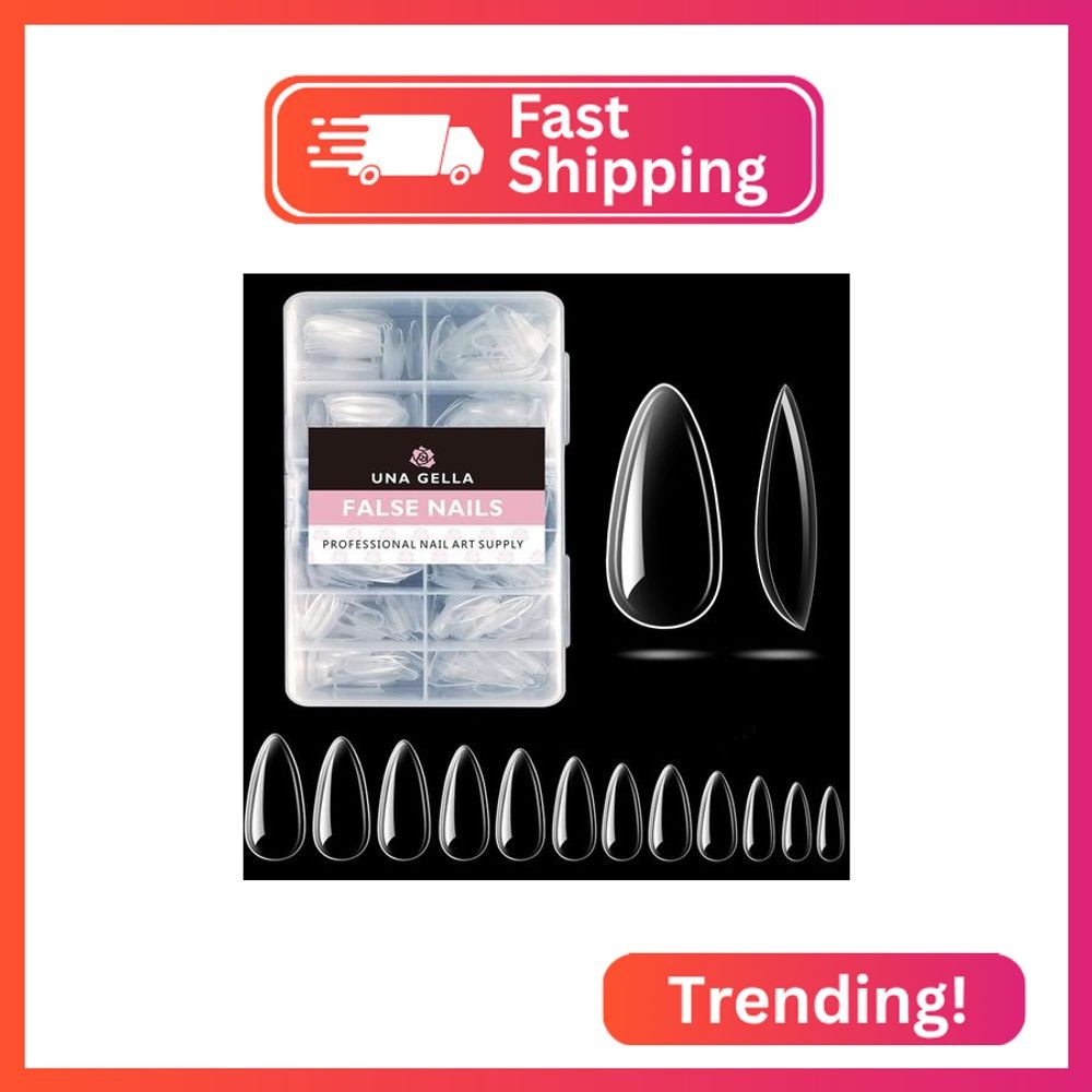 UNA GELLA Medium Almond Gel Nail Tips, 504PCS Clear Fake Nails Tips Shape Full C