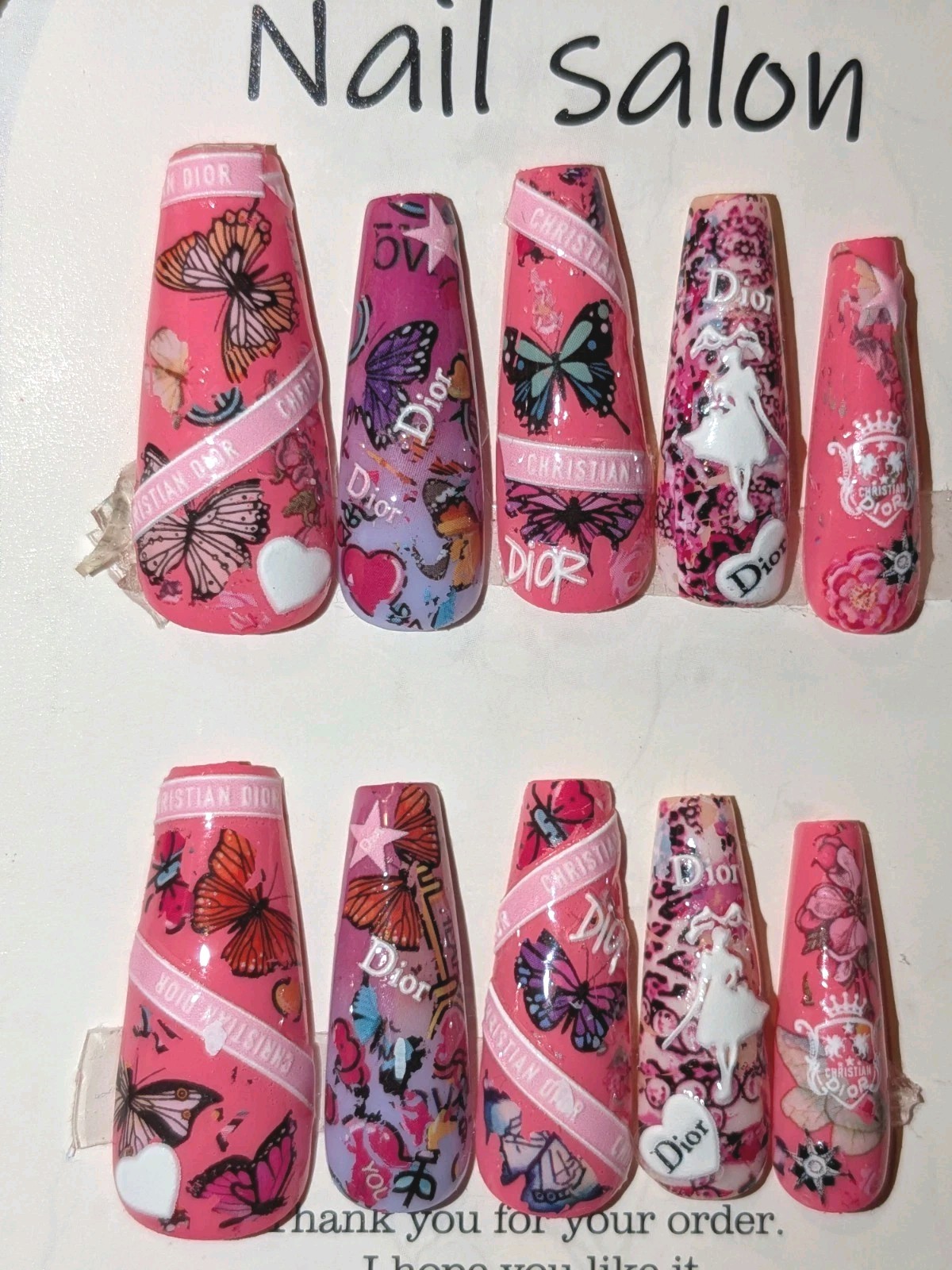 Printed custom decorative 10pc short acrylic press on nails sz large Glue…