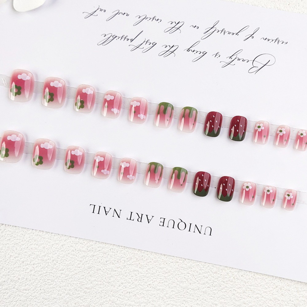 Red Square Fake Nail Blush Pink False Nail with Strawberry Printed Nail Tips
