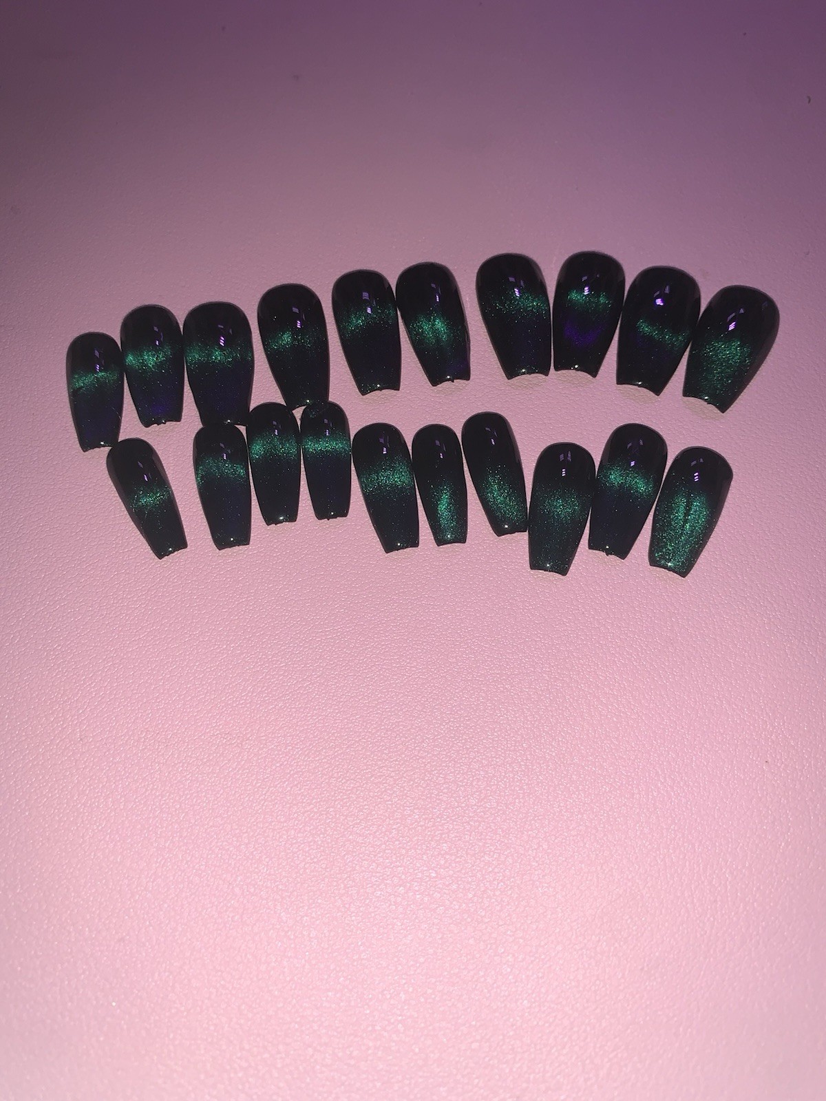 Handmade Green Cateye French tip Press-On Nails With Nail Care Kit!! Set of 20