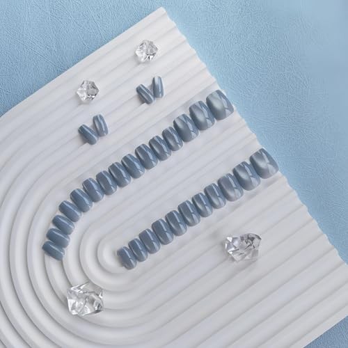 Cat Eye Press On Nails Short, 30 Pcs Glitter Pastel Blue glass light blue