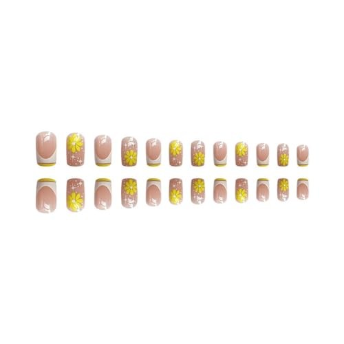 Square Press on Nails Medium – French Tip Fake Nails with Design Yellow Flower