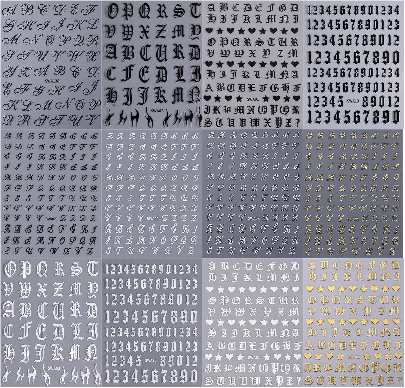 Letter Nail Art Stickers Decals 12 Sheets Gothic Alphabet Self Adhesive for