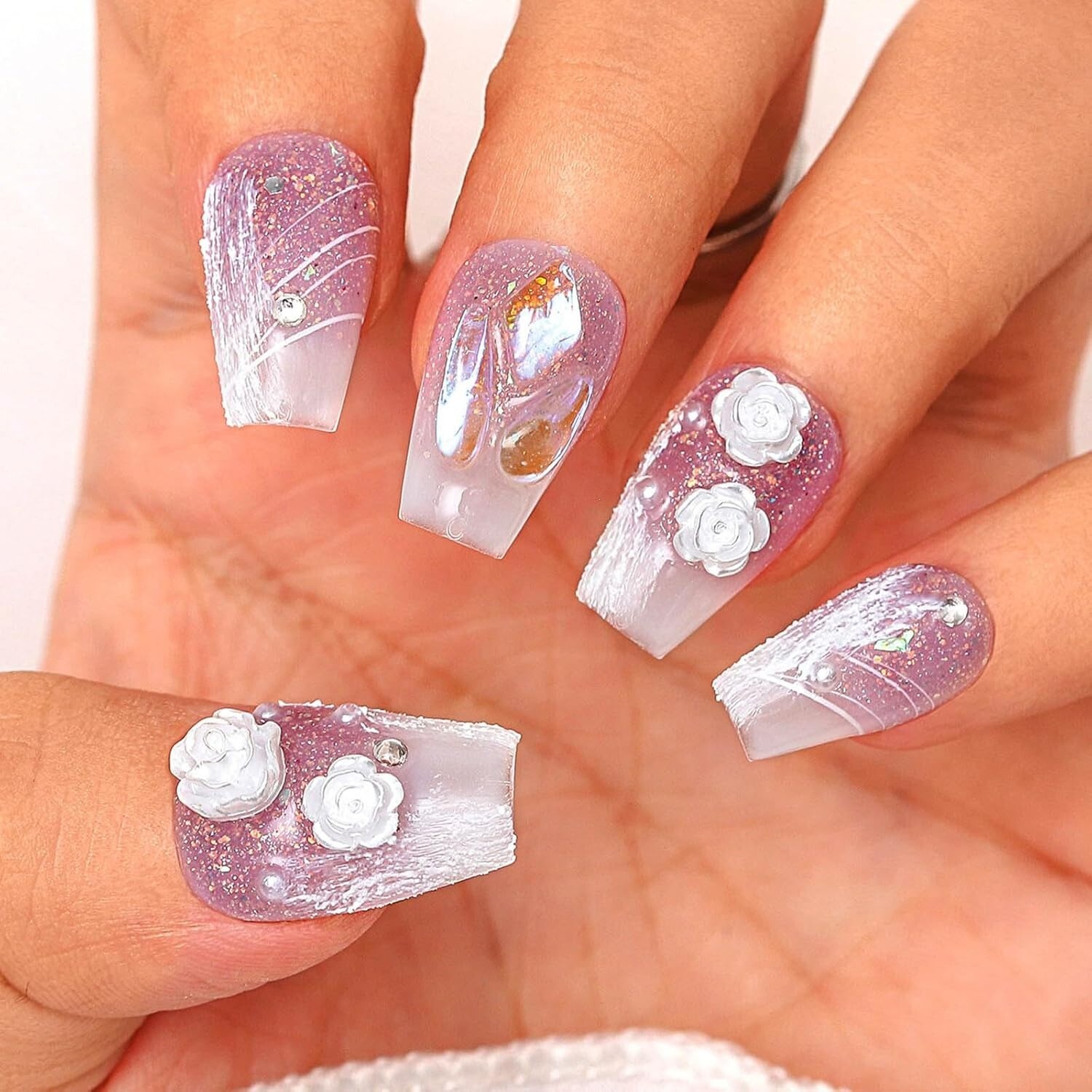 10 Piece 3D Reusable Handmade Press On Nails Elegant Flowers