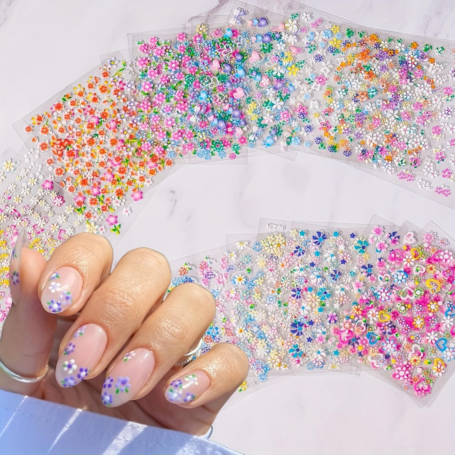 30 Sheets Flower Nail Stickers Colorful 3D Self Adhesive Cute Daisy Floral Nail