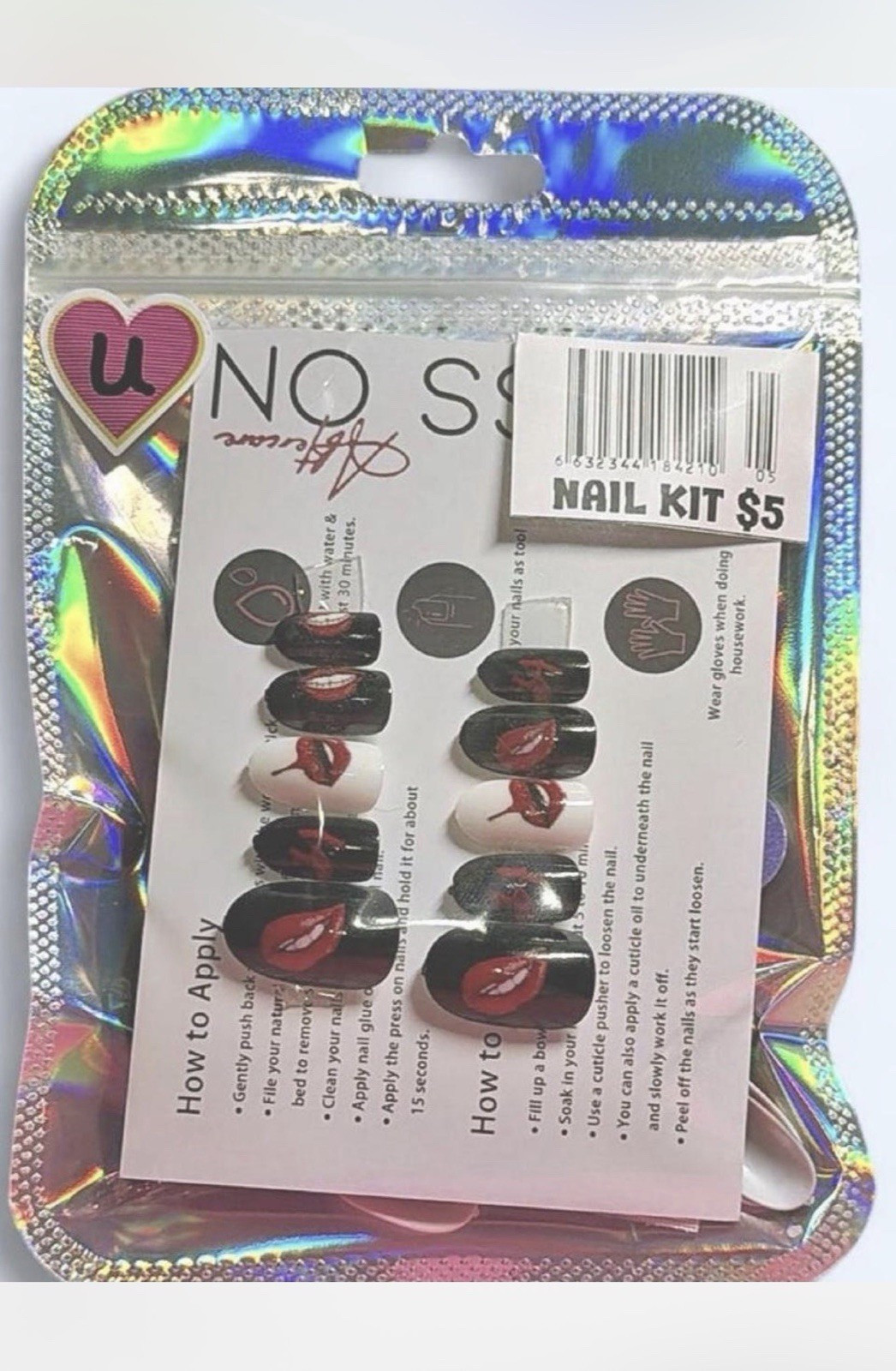 Press-On Nails Short Square Glossy Full Cover Lips Black White Red