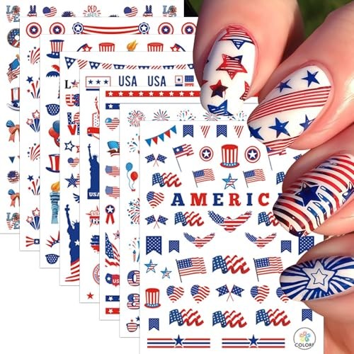 8 Sheets Independence Day Nail Stickers for Nail Art USA 4th of July Fireworks