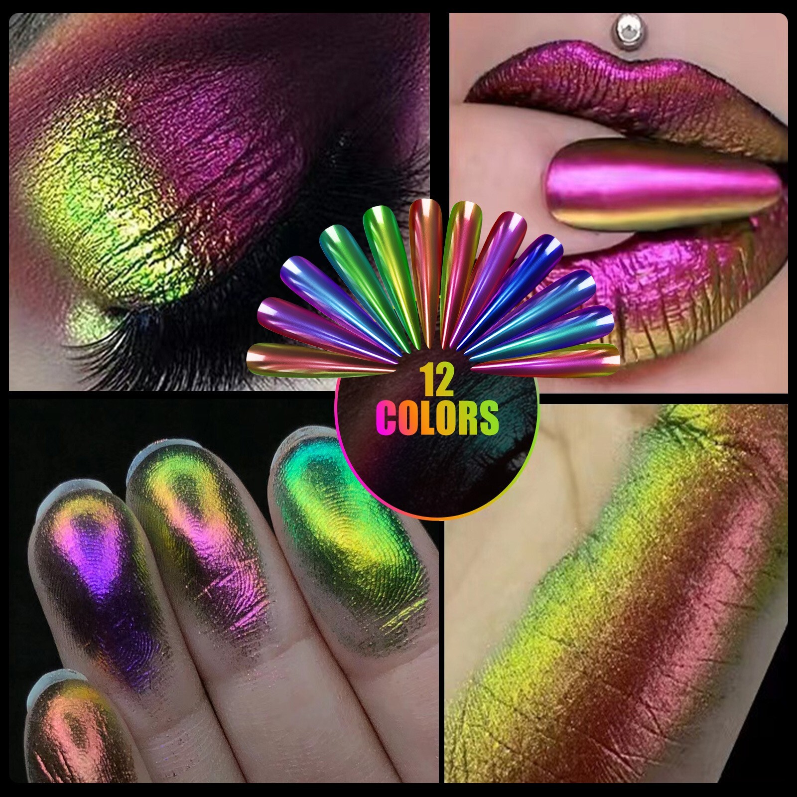 12 Jars Magic Mirror Nail Art Powder Chameleon Laser Nail Glitter for False Tips
