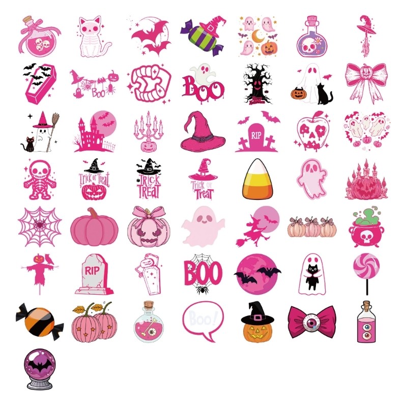 50PCS Transparents Pink Cartoon Halloweens Decals PET Material Diy Tablet