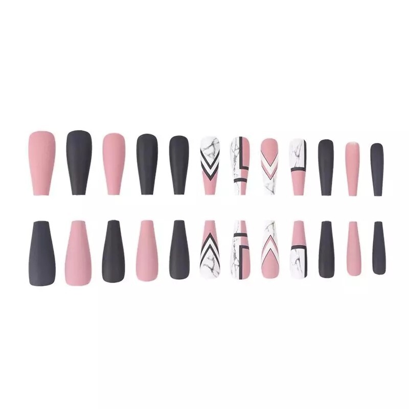 24 Geometric Pink Black White Press on nails glue on Coffin Long extra manicure