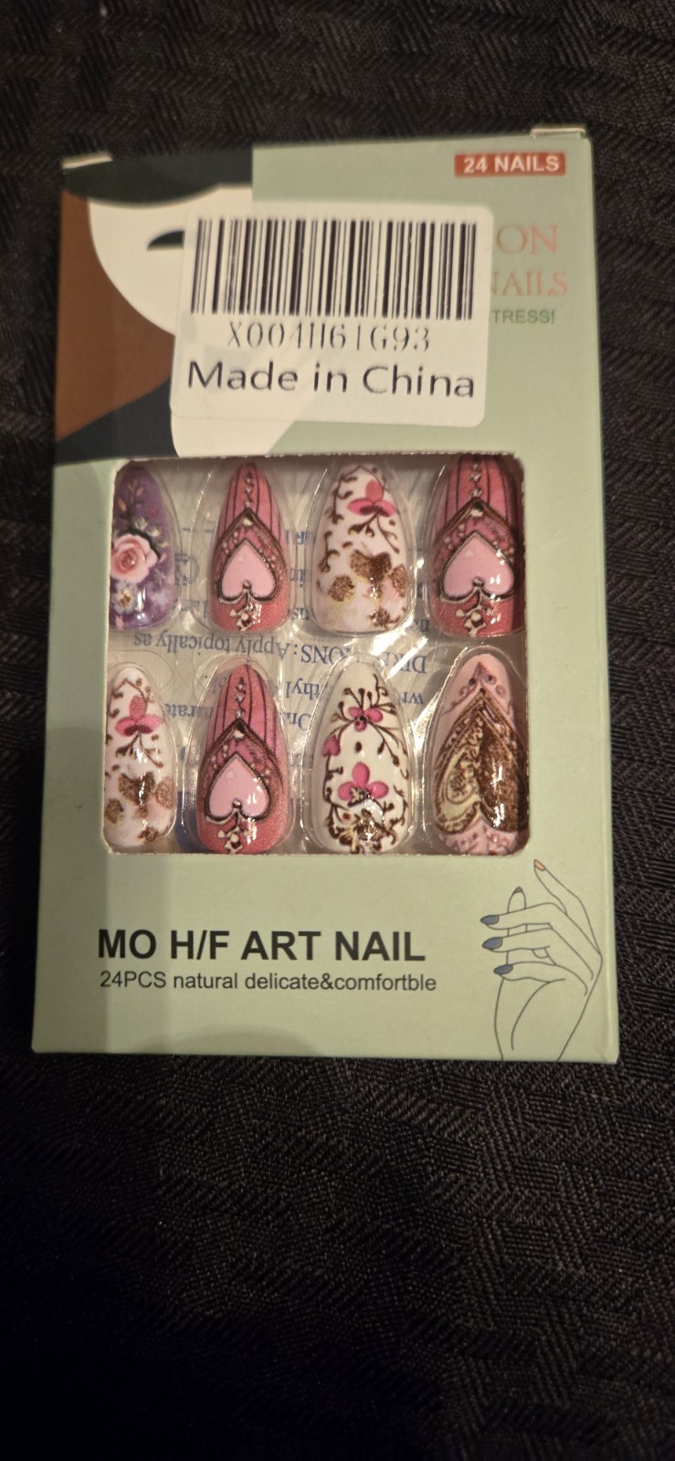 24PCS Pink Heart Floral Press On Nails Almond False Nails Reusable Nail Art Set