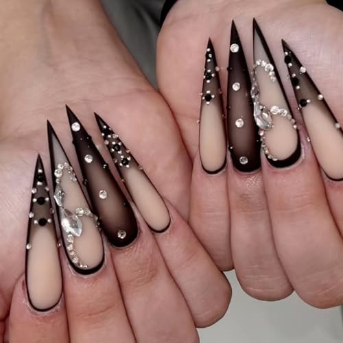 Press on Nails – Long Stiletto Glue on Nails with Goth Black 06103-01-02Black